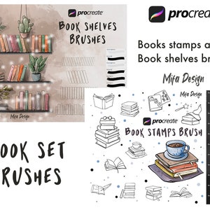 May include: A set of digital brushes for Procreate, featuring illustrations of bookshelves and book stacks. The brushes are designed for creating book-themed artwork and are available for download.