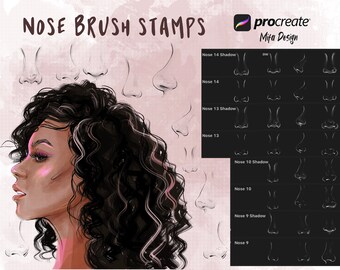 May include: A digital illustration of a woman's face with curly hair. The image includes a set of nose brush stamps for the Procreate app. The stamps are labelled with numbers and include both regular and shadow versions.