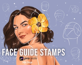 May include: Digital illustration featuring a woman with a yellow flower in her hair, overlaid with face guide lines. The text "FACE GUIDE STAMPS" is displayed, along with the Procreate logo and "Mifa Design" on a lavender background.
