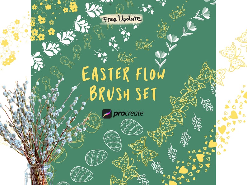 May include: A set of digital brushes for Procreate featuring Easter-themed illustrations. The brushes include butterflies, eggs, flowers, and other spring-themed designs in white and yellow on a green background. The text "Easter Flow Brush Set" is displayed in yellow.