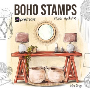 May include: A digital illustration of a boho-style living room with a wooden console table, two lamps, a round mirror, and two woven baskets. The illustration is in a hand-drawn style and features a light brown color palette.