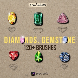 Puede incluir: Un conjunto de más de 120 pinceles de Procreate para dibujar diamantes y gemas. La imagen muestra ejemplos de diferentes formas y colores de diamantes y gemas, incluyendo un corazón, una lágrima, un corte esmeralda y un brillante redondo.