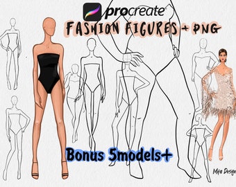Könnte beinhalten: Ein Satz von Mode-Figurenvorlagen für die digitale Illustration. Das Set enthält fünf Schwarzweiß-Zeichnungen von weiblichen Figuren in verschiedenen Posen. Die Figuren sind mit "Bonus 5 Models+" und "Procreate Fashion Figures + PNG" beschriftet.