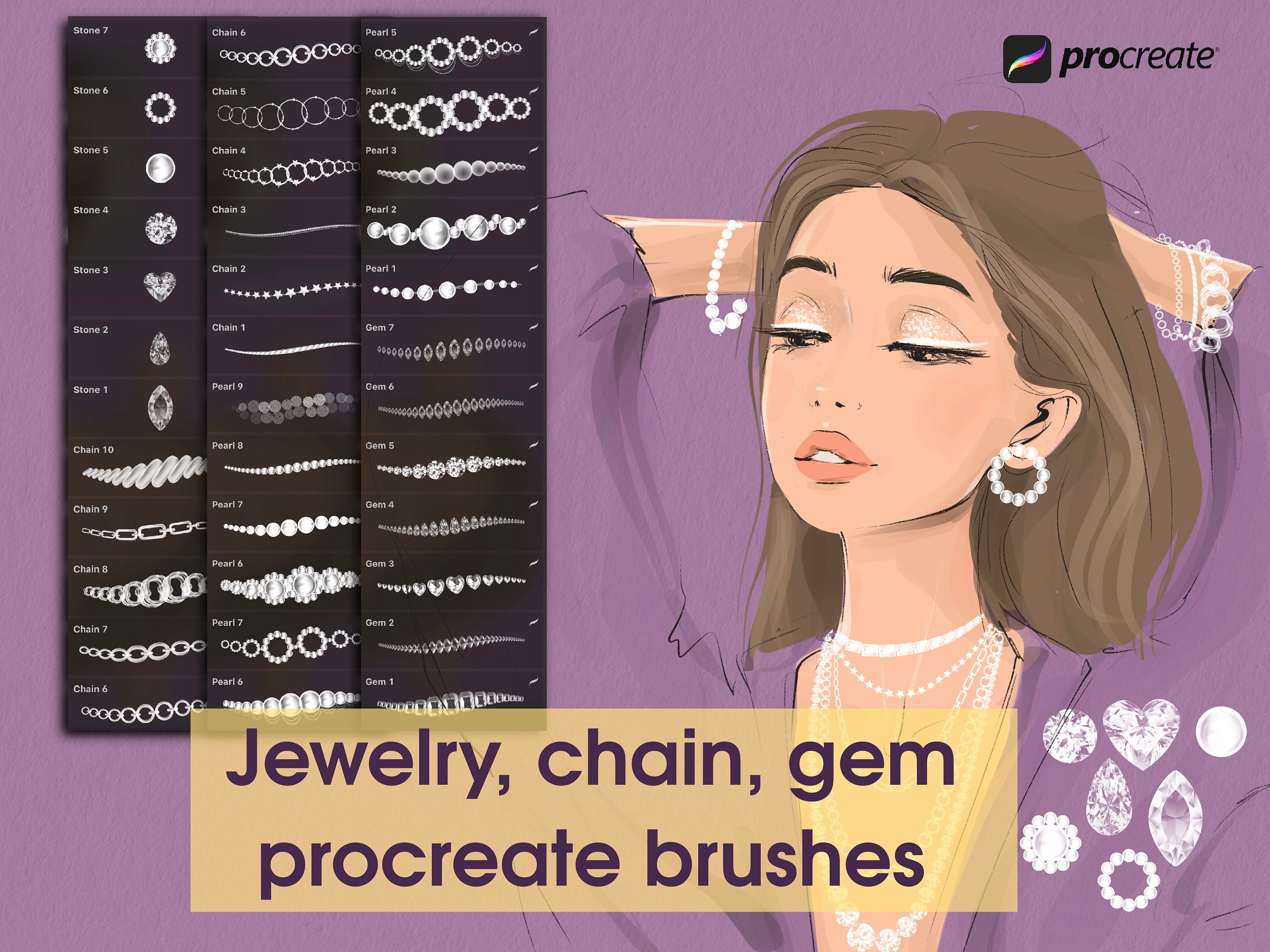 Procreate Jewelry & Chain Brush Set – 31 Pearl, Gem, Diamond Stamps and Brushes for iPad