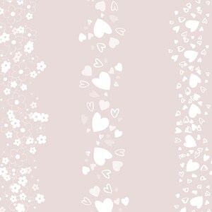 May include: Three vertical rows of white floral and heart designs on a light pink background.