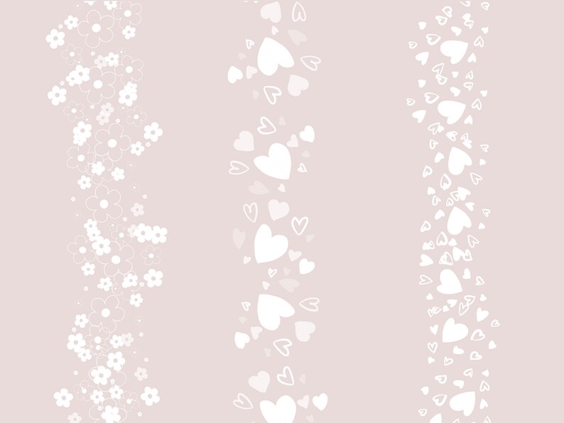 May include: Three vertical rows of white floral and heart designs on a light pink background.