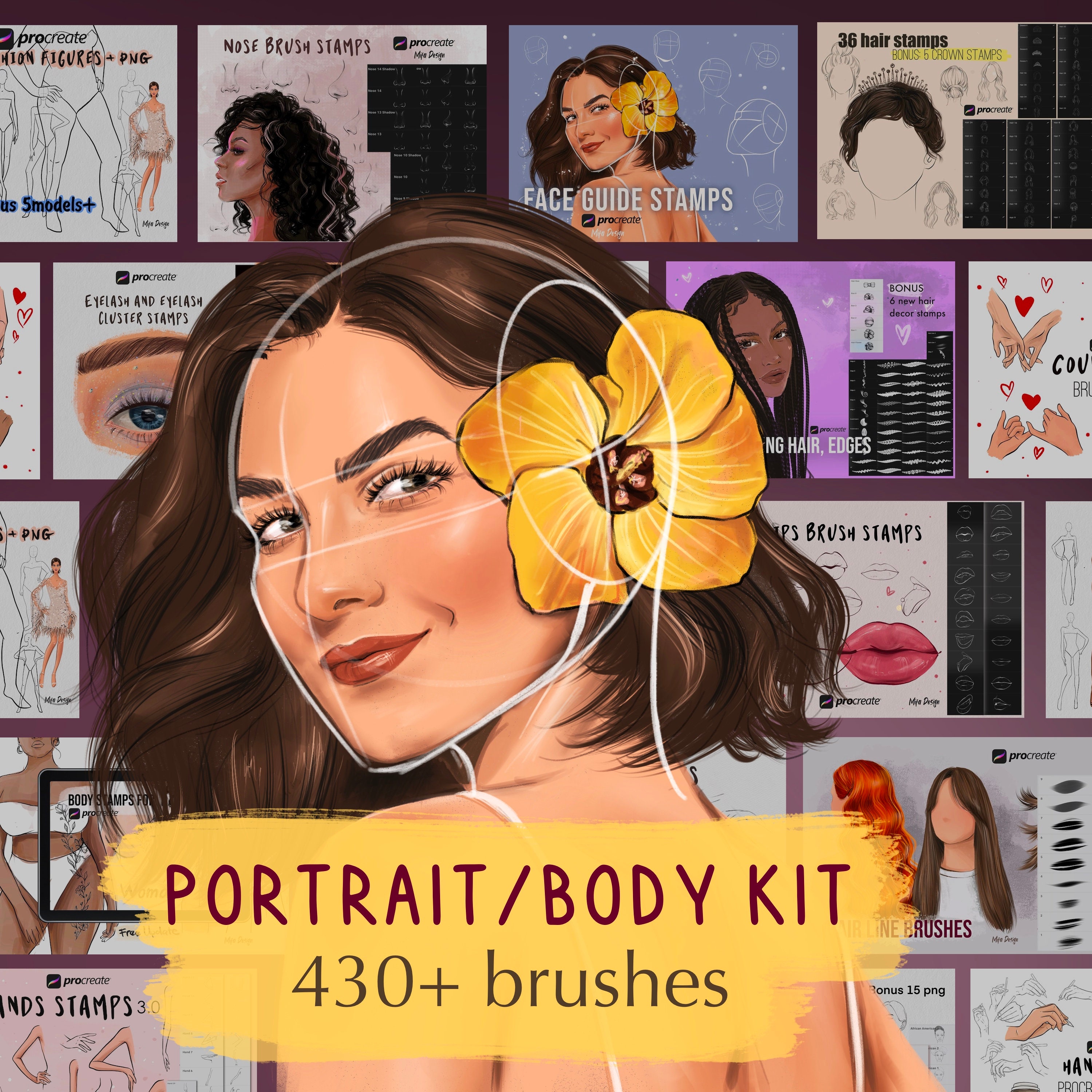 Mega Pack de Pinceles Procreate para Retrato y Cuerpo – 430+ Rostro, Cabello, Ojos, Manos, Tatuajes
