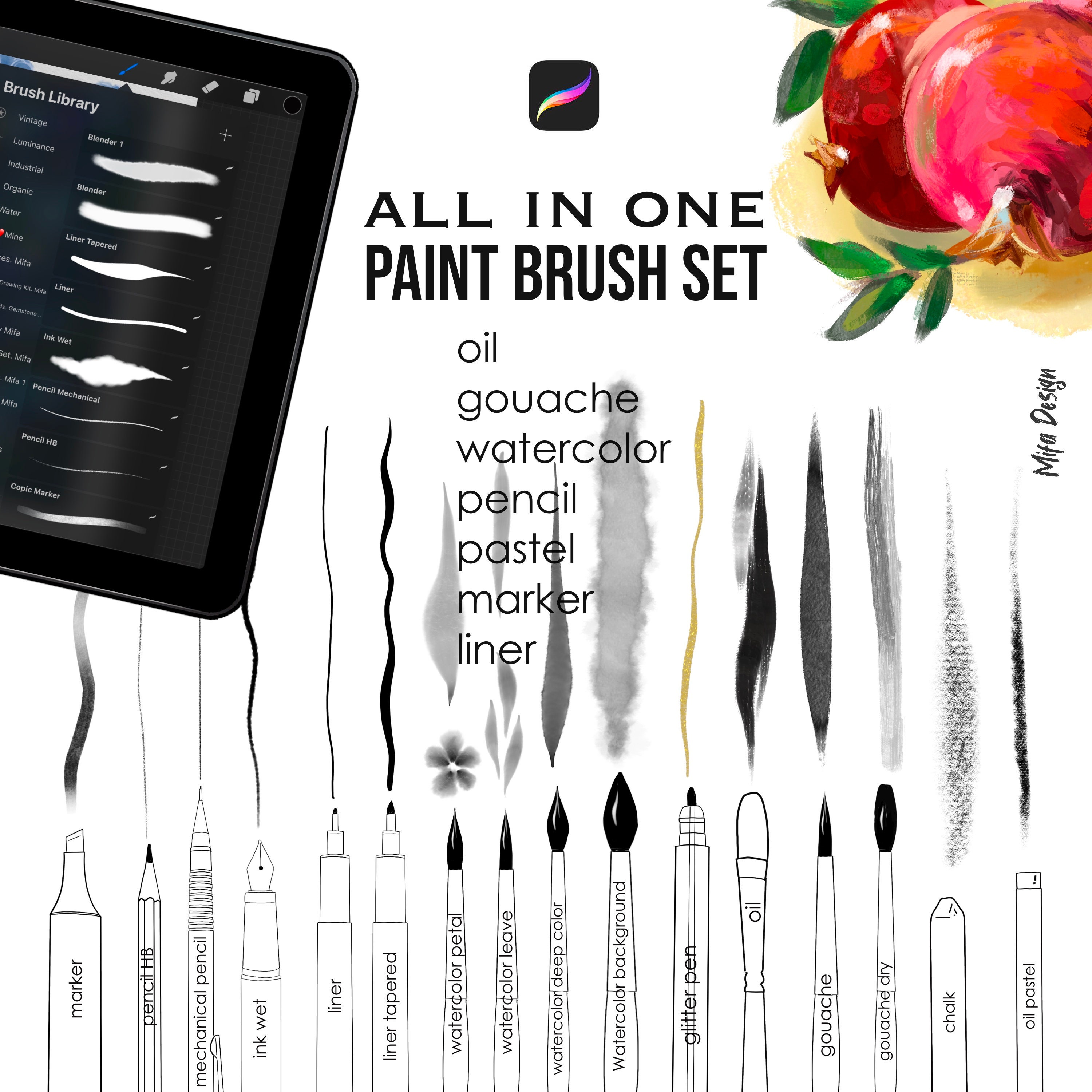 Pinceles Procreate All‑in‑One Paint: Acuarela, Óleo, Gouache, Marcadores, Pastel, Tiza