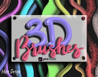 Könnte beinhalten: Eine digitale Illustration von 3D-Pinseln für Procreate. Der Text "3D Brushes" ist in Pink und Lila, mit einem Procreate-Logo unten rechts.
