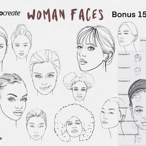 May include: A set of 15 black and white line drawings of women's faces. The faces are drawn in a simple style and feature different hairstyles and facial features. The text "WOMAN FACES" and "Bonus 15 png" is at the top of the image.