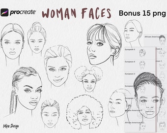 15 Procreate face Brushes stamps, face shape Brushes, portrait guide brush, face png, Asian face png, African face png, black woman clip art