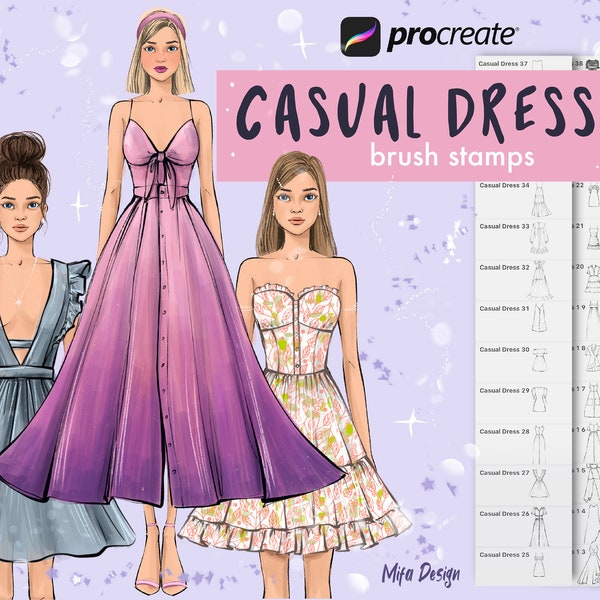 NEW! 39 Casual dresses procreate brushes, princess dresses stamps brush, clothes procreate brushes set, procreate stamp