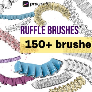 Op de afbeelding: Een verzameling van meer dan 150 digitale ruche-penseel voor Procreate. De afbeelding toont verschillende stijlen van ruches in verschillende kleuren, waaronder roze, blauw, geel en zwart.
