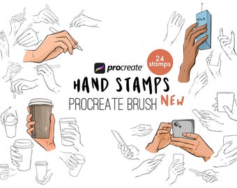 Puede incluir: Un conjunto de 24 sellos de mano para Procreate, una aplicación de arte digital. Los sellos presentan varias poses de mano sosteniendo diferentes objetos, como una taza de café, un teléfono y una caja de leche. El texto "HAND STAMPS" y "PROCREATE BRUSH NEW" se muestra en el centro de la imagen.