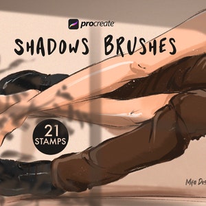 Puede incluir: Una ilustración digital de un par de piernas y pies con sombras proyectadas sobre una superficie marrón claro. La imagen incluye el texto "SHADOWS BRUSHES" y "21 STAMPS" en negro. La imagen es para Procreate.