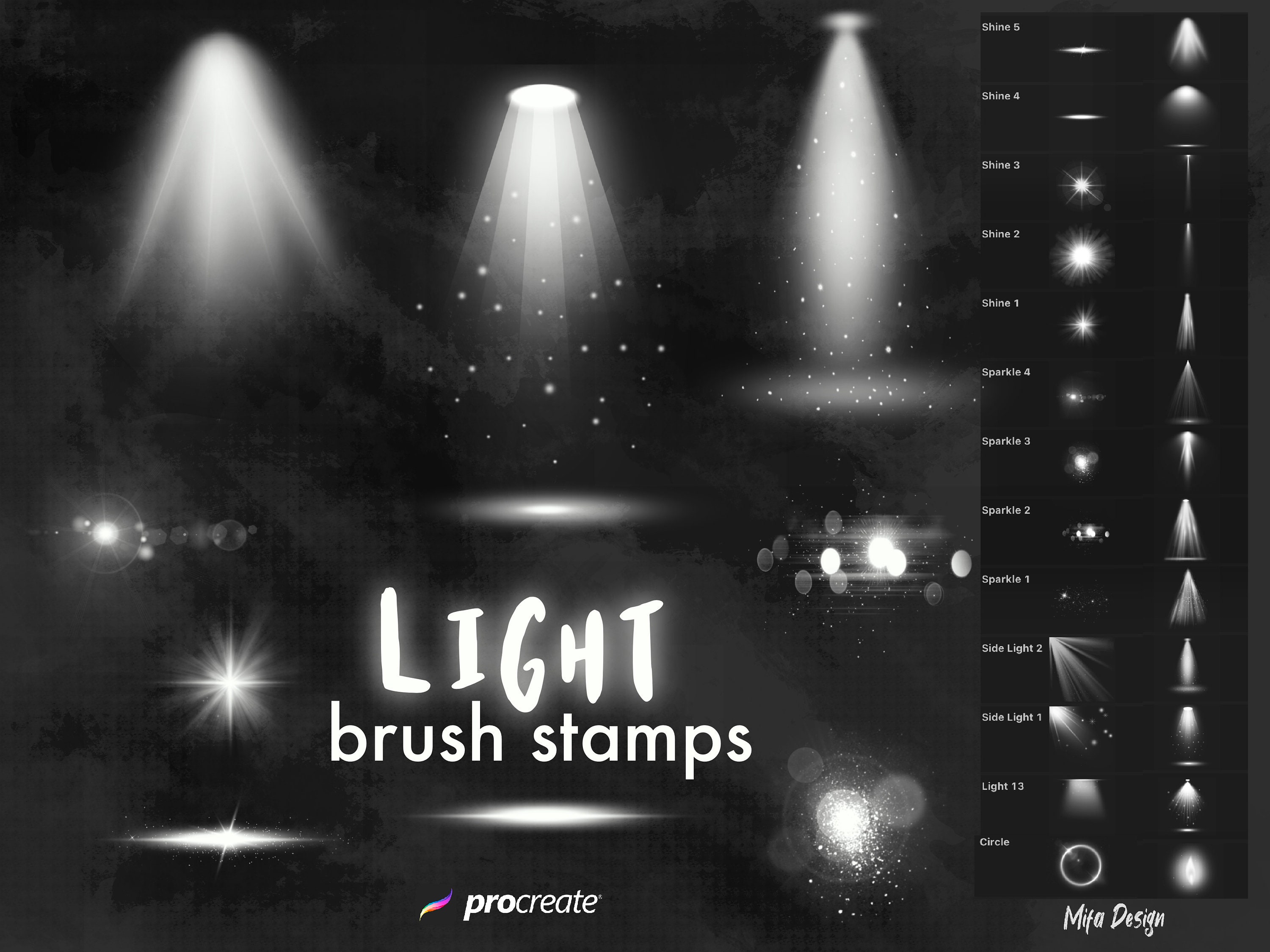 47 sellos de pincel de luz para Procreate – Sparkle, Glow y puntos de luz para iPad