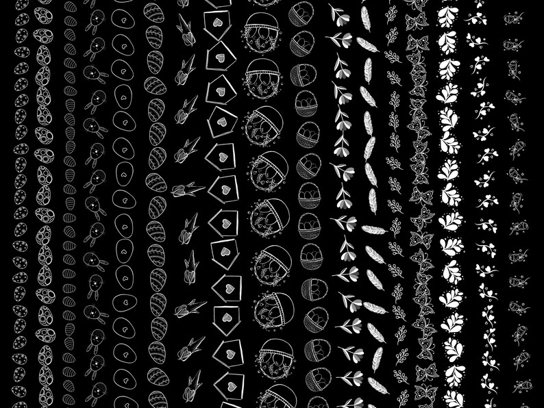 May include: A black and white digital illustration of various Easter-themed borders. The borders include eggs, bunnies, birds, flowers, butterflies, and hearts.