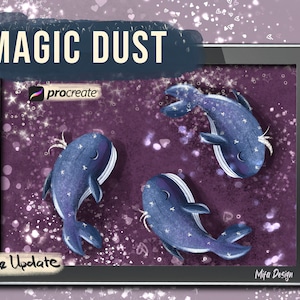 May include: A digital illustration of three blue whales with white stars on a purple background with white glitter. The text "MAGIC DUST" is at the top of the image and the text "procreate" is below it. The text "Free Update" is at the bottom left of the image and the text "Mifa Design" is at the bottom right of the image.