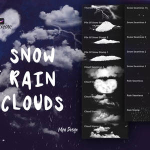 May include: A digital art brush set for Procreate featuring snow, rain, and cloud stamps. The set includes seamless patterns and individual stamps for creating realistic weather effects.