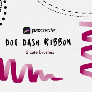 Peut inclure: Ensemble de pinceaux Procreate appelé "DOT. DASH. RIBBON" avec 6 pinceaux mignons. L'image montre un trait de pinceau de ruban rose en forme de vague.