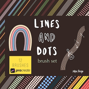 May include: A set of 12 Procreate brushes for digital art, featuring lines and dots in various colors and patterns. The text "LINES AND DOTS brush set" is displayed on a dark background.