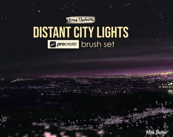 May include: A digital graphic featuring the text Free Update, DISTANT CITY LIGHTS, and Procreate brush set against a dark night sky background with a glowing purple and yellow city skyline view. The bottom right corner displays the text Mifa Design.