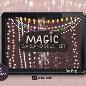 May include: A digital illustration of a tablet screen displaying a set of 45 Procreate brushes for creating festive garlands with lights and stars. The text on the screen reads "Magic Garland Brush Set".