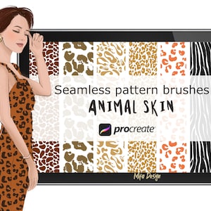 May include: A digital tablet screen displaying a set of 12 seamless animal print patterns for Procreate. The patterns include leopard, zebra, and cheetah prints in various colors. The text on the screen reads "Seamless pattern brushes ANIMAL SKIN procreate Mia Design".