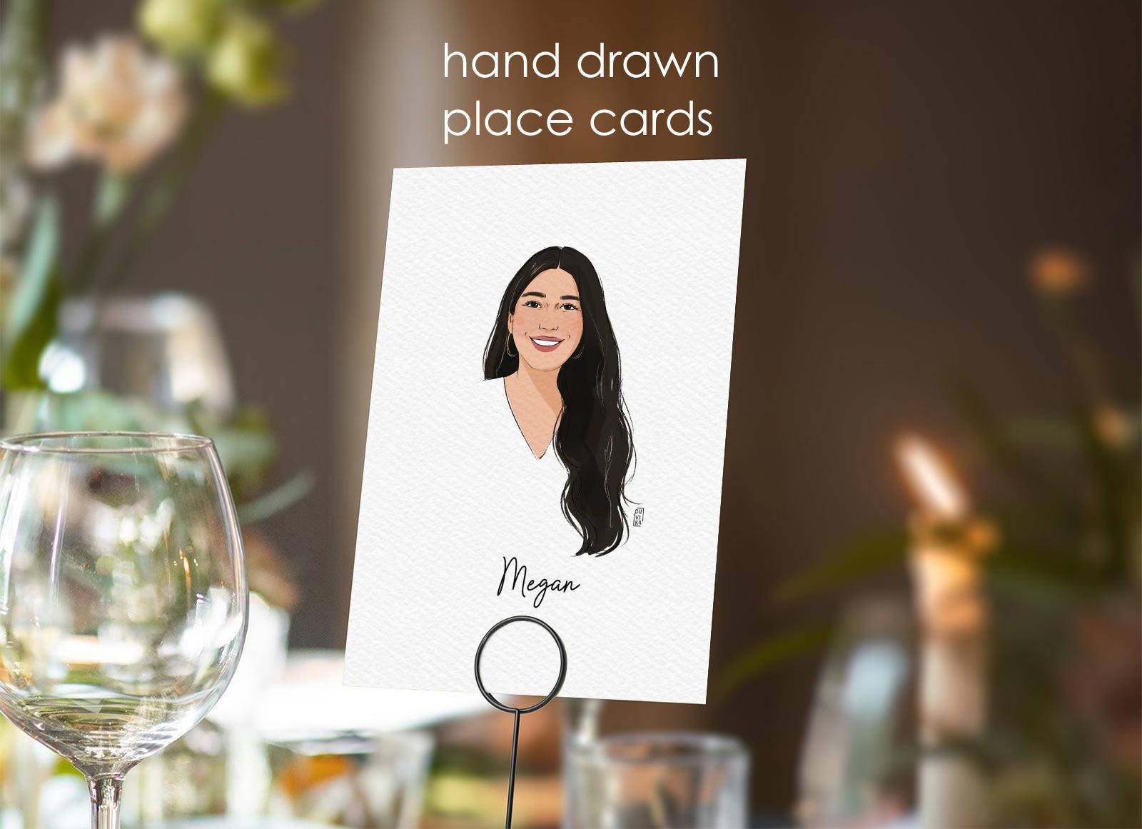 Guest place cards with hand drawn portraits, personalized wedding table cards, event placement name cards, unique place cards