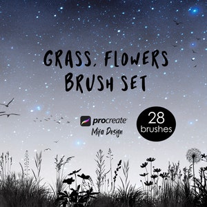 May include: A set of 28 Procreate brushes for creating grass and flower illustrations. The brushes are designed to create realistic-looking grass and flowers, with a variety of styles and sizes. The image shows a silhouette of grass and flowers against a starry night sky.
