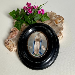 Antique Religious Miniature Painting of Virgin Mary Framed Devotional Art 19th Century Catholic Icon
