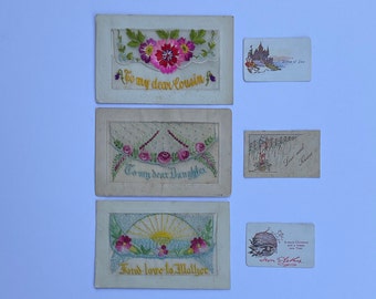 Three WW1 Embroidered Silk Postcards with Miniature greetings cards inside