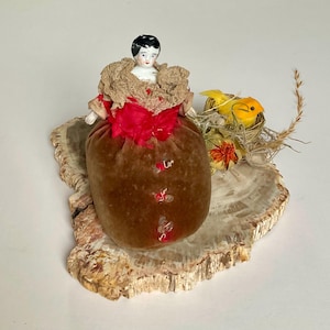 Antique German Hertwig China Head and Arms Doll Pincushion Circa 1860’s
