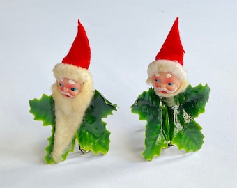 Vintage Chenille Santa Ornaments: Hard Plastic Face, Holly - Made in Japan 1950s