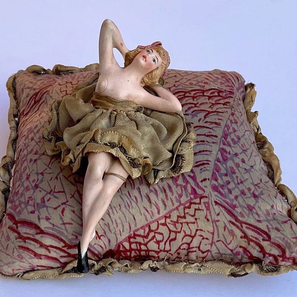 Antique Bathing Beauty Half Doll Bisque Porcelain Original Pin Cushion and Dress Circa 1910