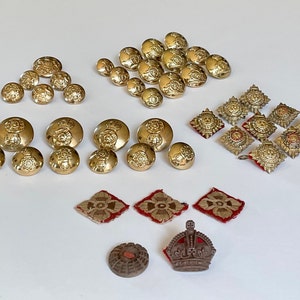 W.W 1 British Officers Brass Military Buttons, Pips and Insignia Crown Rank Brigadier 43 pcs Circa 1910-45
