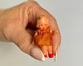 Antique German Miniature All-Bisque Doll - Pin Jointed arms - Original Clothing - Early 20th Century