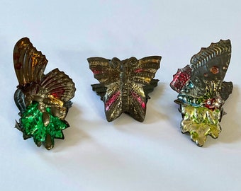 Antique German Christmas Tree Candle Holders: Tin Butterfly Ornaments (Circa 1890s)