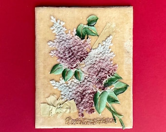 Viktorianische Weihnachtskarte: Geprägte Zelluloid-Blumen, Pfirsichfarbener Samt (1880s)