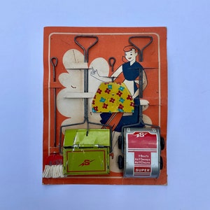 Vintage Japan Tin Toy Miniatur Super Sweeper Set auf Original Karte circa 1950