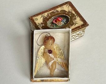 Antique Victorian Wax Angel Christmas Ornament and Original Dresden Paper Box Circa 1890’s