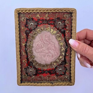 Antique German Klosterarbeit Reliquary: Saint Joseph Wax Portrait, Circa 1830