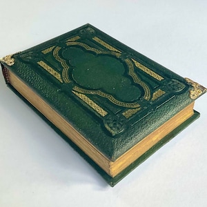 Antyczny skórzany album na zdjęcia w stylu wiktoriańskim, bezpieczny, marmurkowy papier, około 1881 r.