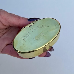 17th Century Dutch Brass Oval Tobacco Box Dated 1696