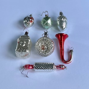 Antique collection of Seven 1900’s German Christmas Ornaments, Hand Blown Glass Figural Christmas Decorations