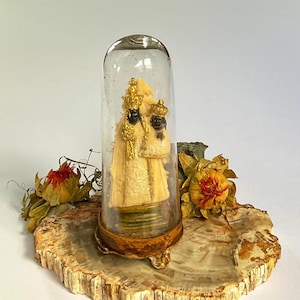 Antique Black Madonna Reliquary: Virgin Mary & Baby Jesus, Tragacanth Art, Circa 1850