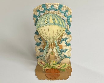 Antique German Valentines Postcard: Embossed Hot Air Balloon, Doves (Circa 1900s)