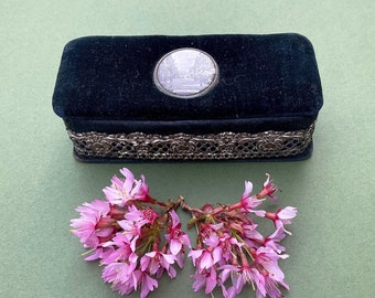 Victorian Navy Samt Trinket Box: Gold Straßenfoto, Silber Filigree