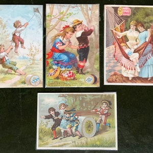 Vier schöne antike Viktorianische Trade Wechselkarten Chromo Lithografien Werbefäden