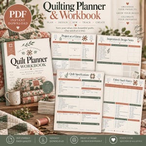 May include: A digital quilting planner and workbook set featuring a cover page, project at a glance, inspiration and design notes, quilt specifications, and a fabric stash matrix. The pages are printed with text in shades of brown and green.